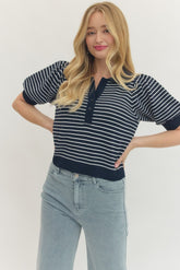 Entro Striped Puff-Sleeve Polo Top