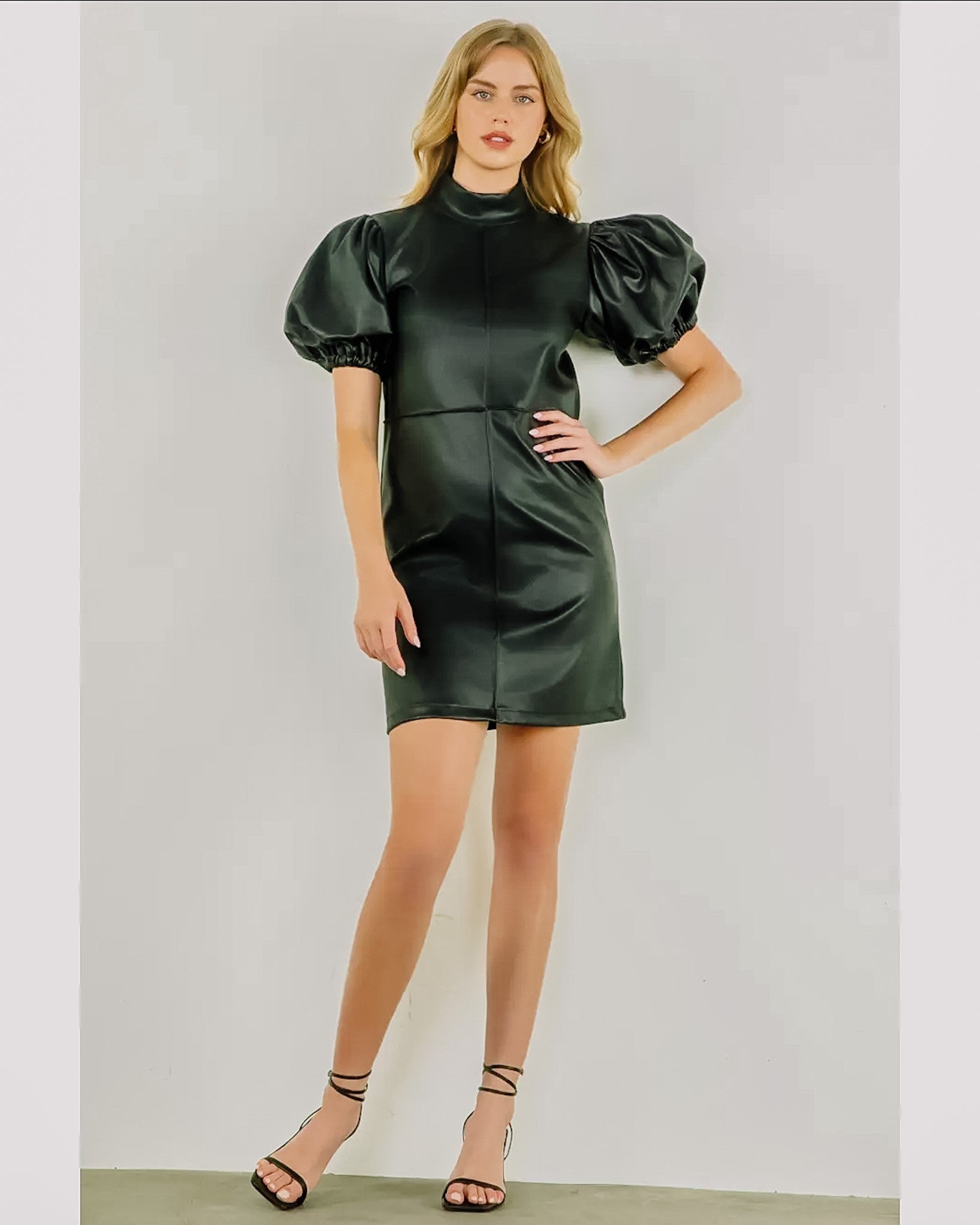 THML Faux Leather Black Dress Puff Sleeve