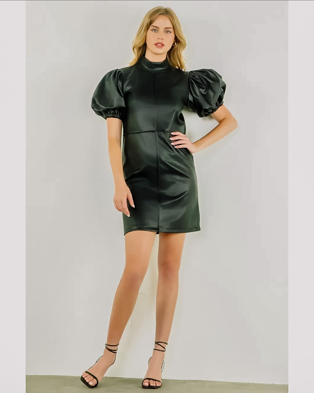 THML Faux Leather Black Dress Puff Sleeve