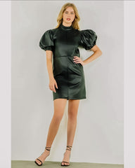 THML Faux Leather Black Dress Puff Sleeve