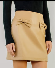 THML Faux Leather Skirt with Bow Tan