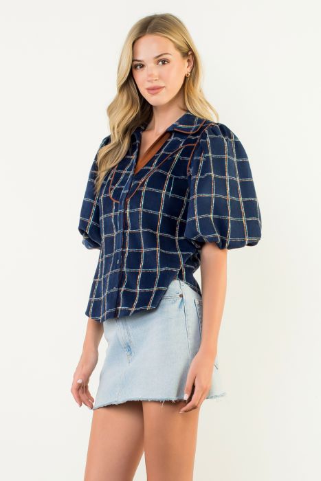 THML Puff Sleeve Plaid Corduroy Top