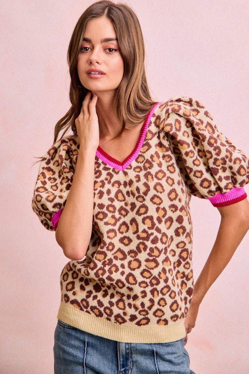 BiBi Leopard Puff-Sleeve Sweater