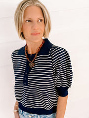 Entro Striped Puff-Sleeve Polo Top