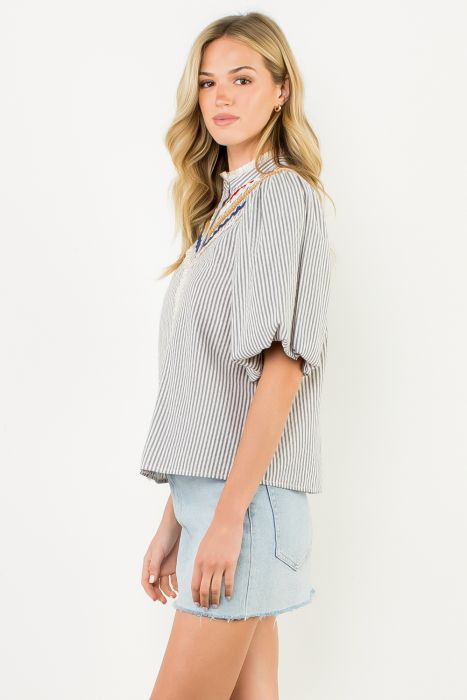 THML Embroidered Button Down, Ruffle Detail
