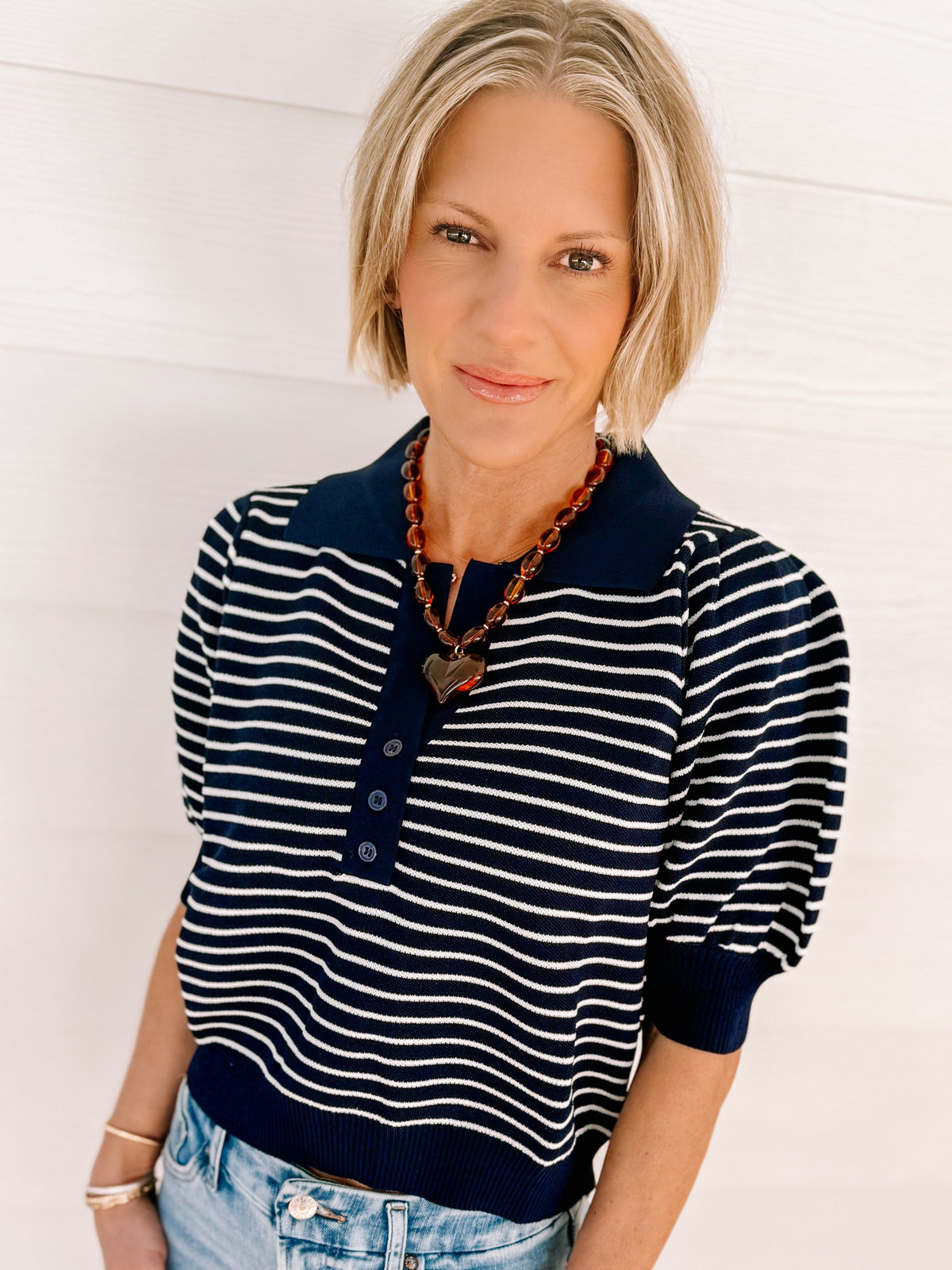 Entro Striped Puff-Sleeve Polo Top