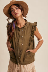 Listicle Ruffle Trim Olive Vest