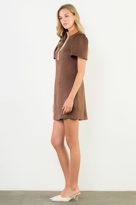 THML Short Sleeve Suede Dress Brown