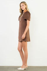 THML Short Sleeve Suede Dress Brown