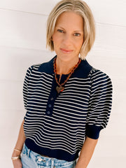 Entro Striped Puff-Sleeve Polo Top