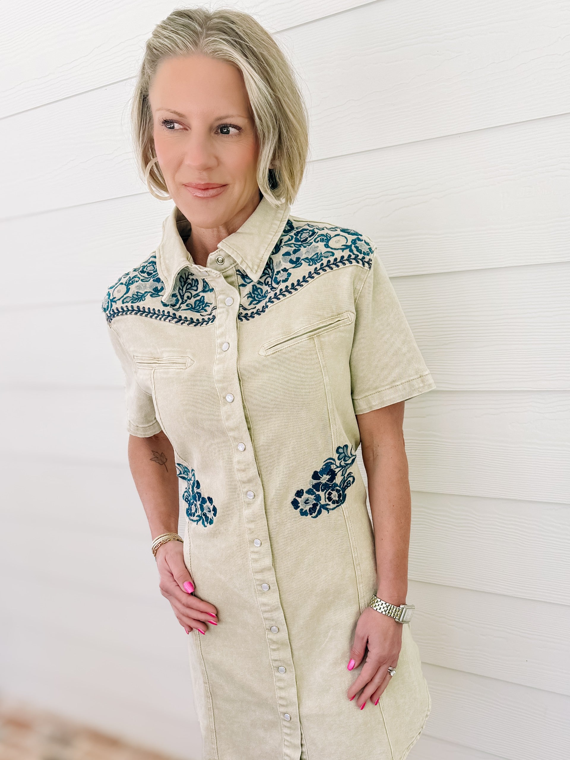 Blue B Western Embroidered Mini Dress-Sand
