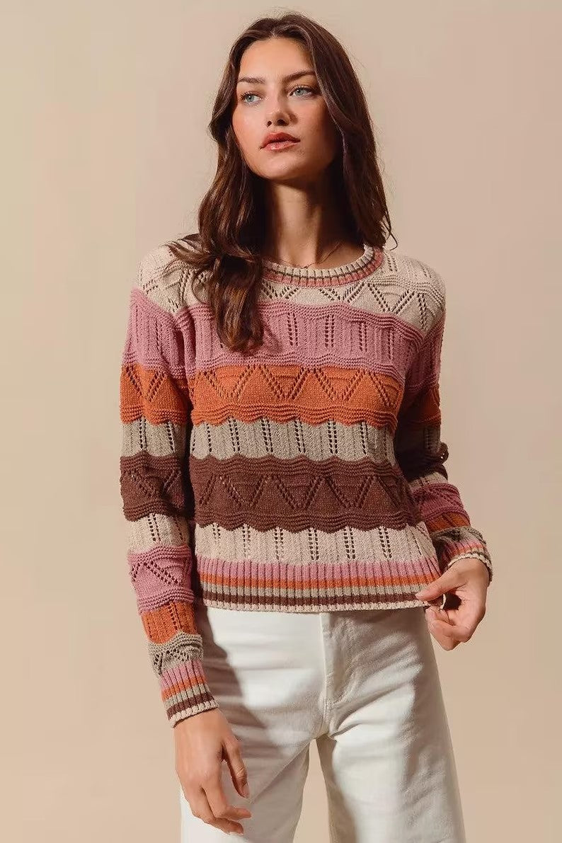 So Me Multi Color Wavy Stripe Sweater Top - Oatmeal